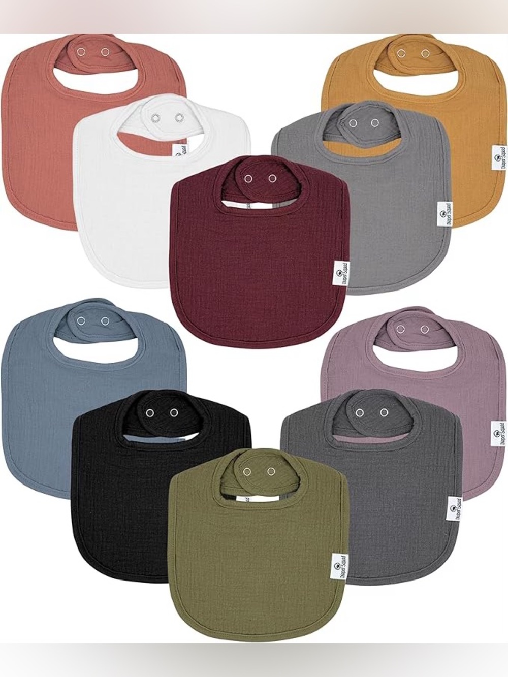 Diaper Squad 10 pack Earthy Muslin Square Organic Cotton Baby Drool Bibs Set
